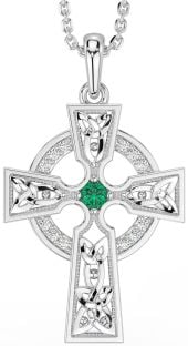 Diamond Emerald Silver Celtic Cross Necklace