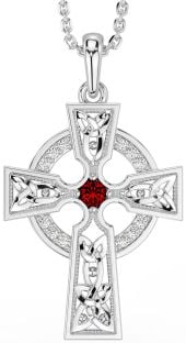 Diamond Garnet Silver Celtic Cross Necklace