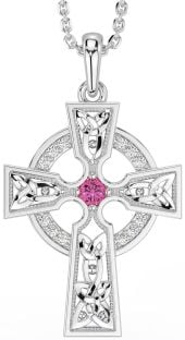 Diamond Pink Tourmaline Silver Celtic Cross Necklace