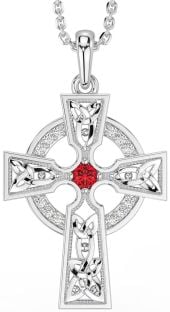 Diamond Ruby Silver Celtic Cross Necklace