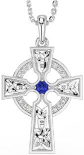 Diamond Sapphire Silver Celtic Cross Necklace