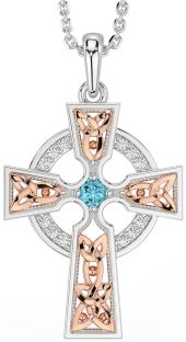 Diamond Aquamarine White Rose Gold Celtic Cross Necklace