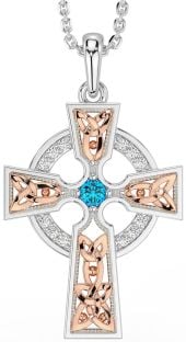 Diamond Topaz White Rose Gold Celtic Cross Necklace