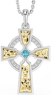 Diamond Aquamarine White Yellow Gold Celtic Cross Necklace