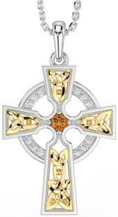 Diamond Citrine White Yellow Gold Celtic Cross Necklace