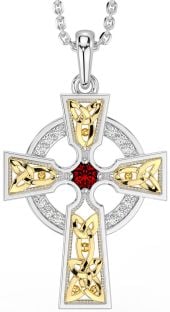 Diamond Garnet White Yellow Gold Celtic Cross Necklace