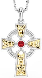 Diamond Ruby White Yellow Gold Celtic Cross Necklace