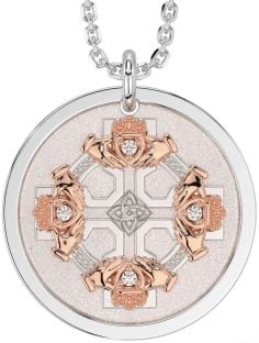 Diamond Rose Gold Silver Claddagh Celtic Knot Necklace