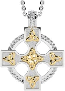 White Yellow Gold Celtic Cross Trinity Knot Necklace