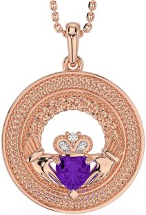 Diamond Amethyst Rose Gold Silver Claddagh Celtic Trinity Knot Necklace