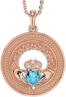 Diamond Aquamarine Rose Gold Silver Claddagh Celtic Trinity Knot Necklace