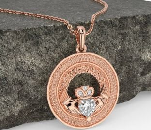 Diamond Rose Gold Silver Claddagh Celtic Trinity Knot Necklace