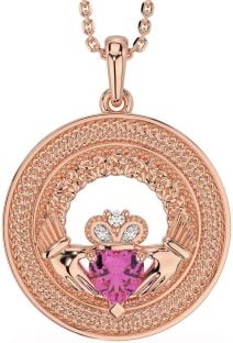 Diamond Pink Tourmaline Rose Gold Silver Claddagh Celtic Trinity Knot Necklace