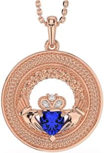 Diamond Sapphire Rose Gold Silver Claddagh Celtic Trinity Knot Necklace