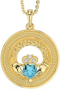 Diamond Aquamarine Gold Silver Claddagh Celtic Trinity Knot Necklace