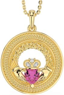 Diamond Pink Tourmaline Gold Silver Claddagh Celtic Trinity Knot Necklace