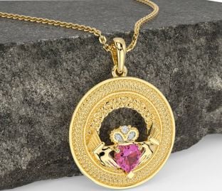 Diamond Pink Tourmaline Gold Silver Claddagh Celtic Trinity Knot Necklace