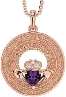 Diamond Alexandrite Rose Gold Claddagh Celtic Trinity Knot Necklace