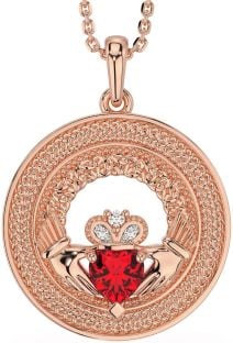 Diamond Ruby Rose Gold Claddagh Celtic Trinity Knot Necklace