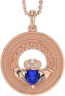 Diamond Sapphire Rose Gold Claddagh Celtic Trinity Knot Necklace