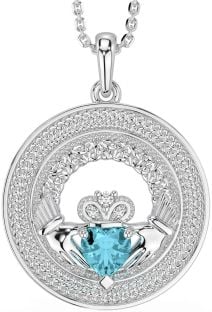 Diamond Aquamarine Silver Claddagh Celtic Trinity Knot Necklace