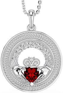 Diamond Garnet Silver Claddagh Celtic Trinity Knot Necklace