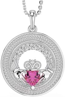 Diamond Pink Tourmaline Silver Claddagh Celtic Trinity Knot Necklace