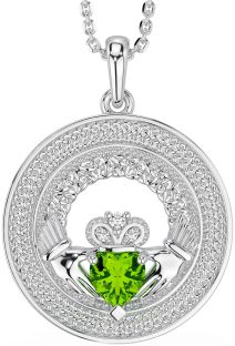 Diamond Peridot Silver Claddagh Celtic Trinity Knot Necklace