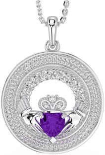 Diamond Amethyst White Gold Claddagh Celtic Trinity Knot Necklace