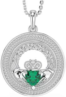 Diamond Emerald White Gold Claddagh Celtic Trinity Knot Necklace