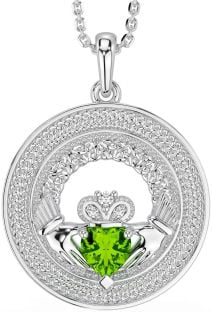 Diamond Peridot White Gold Claddagh Celtic Trinity Knot Necklace