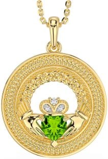 Diamond Peridot Gold Claddagh Celtic Trinity Knot Necklace