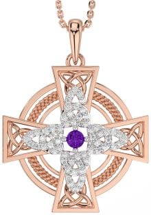 Large Diamond Amethyst Rose Gold Silver Celtic Cross Necklace