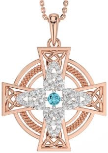 Large Diamond Aquamarine Rose Gold Silver Celtic Cross Necklace