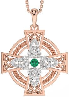 Large Diamond Emerald Rose Gold Silver Celtic Cross Necklace