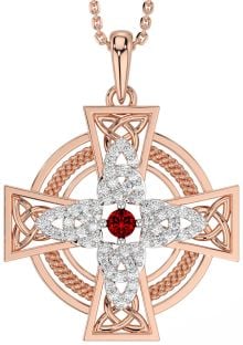 Large Diamond Garnet Rose Gold Silver Celtic Cross Necklace