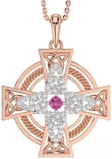 Large Diamond Pink Tourmaline Rose Gold Silver Celtic Cross Necklace