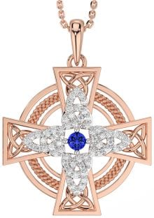 Large Diamond Sapphire Rose Gold Silver Celtic Cross Necklace