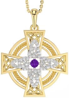 Large Diamond Amethyst Gold Silver Celtic Cross Necklace