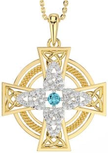 Large Diamond Aquamarine Gold Silver Celtic Cross Necklace