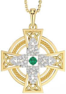 Large Diamond Emerald Gold Silver Celtic Cross Necklace