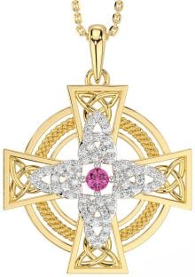 Large Diamond Pink Tourmaline Gold Silver Celtic Cross Necklace