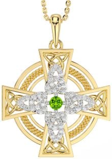 Large Diamond Peridot Gold Silver Celtic Cross Necklace