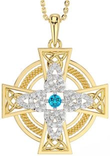 Large Diamond Topaz Gold Silver Celtic Cross Necklace