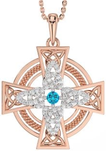 Large Diamond Topaz Rose Gold Celtic Cross Necklace