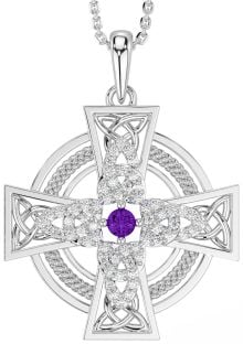 Large Diamond Amethyst Silver Celtic Cross Necklace