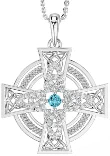 Large Diamond Aquamarine Silver Celtic Cross Necklace