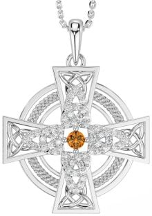 Large Diamond Citrine Silver Celtic Cross Necklace