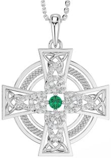 Large Diamond Emerald Silver Celtic Cross Necklace