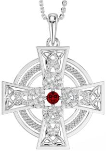 Large Diamond Garnet Silver Celtic Cross Necklace